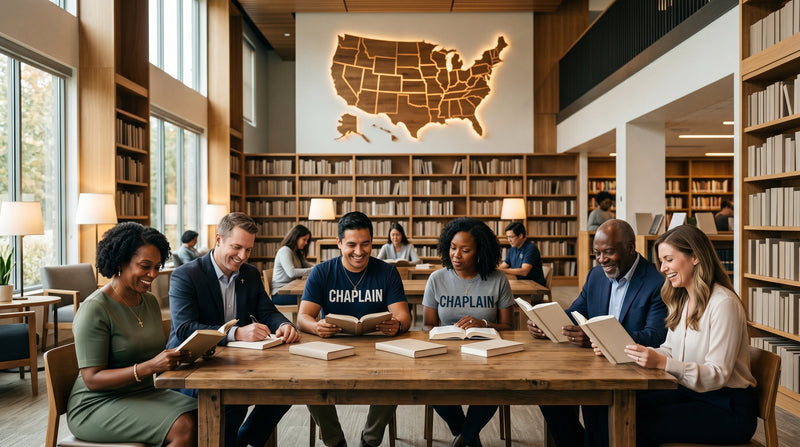 Group of people studying in a library with a large map of the United States on the wall.