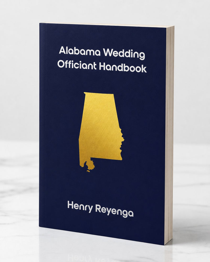 Book titled 'Alabama Wedding Officiant Handbook' by Henry Reyenga on a white background