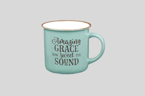 Camp green and white ceramic mug with Amazing Grace text