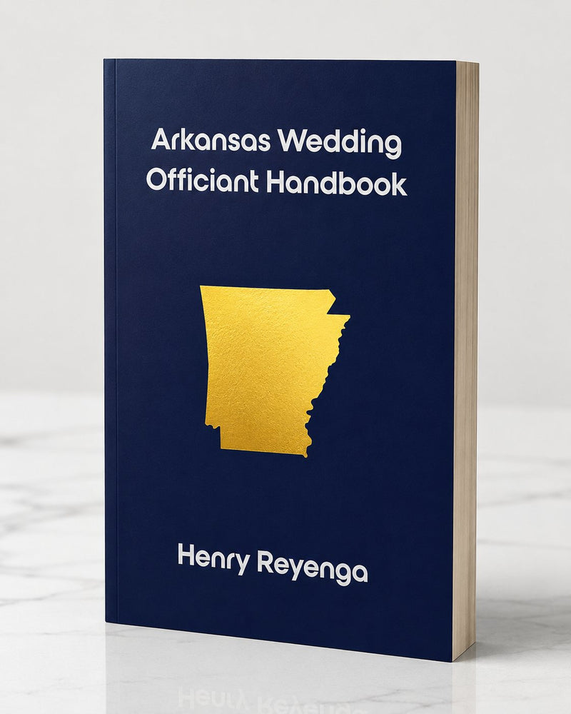 Book titled 'Arkansas Wedding Officiant Handbook' by Henry Reyenga on a white background