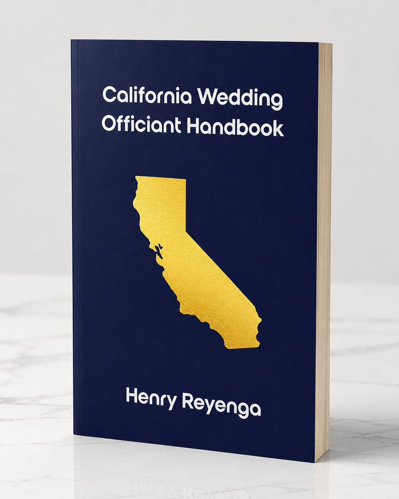 Book titled 'California Wedding Officiant Handbook' by Henry Reyenga with a gold outline of California on a blue background.