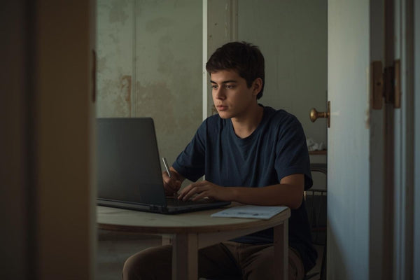 Person sitting at a table using a laptop in a dimly lit room.