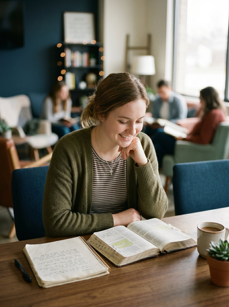 Woman reading a book at a table in a cozy cafe with other patrons in the background