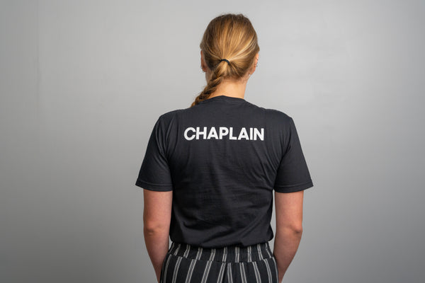 Chaplain T-shirt with CHAPLAIN text on back and Christian Leaders logo