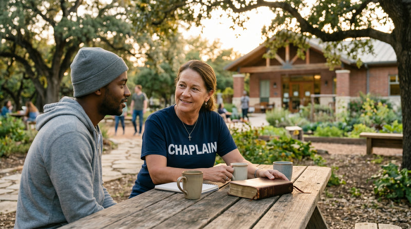 Two people sitting at a wooden table outdoors, one wearing a 'Chaplain' shirt.