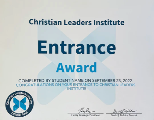Christian Leaders Institute entrance award certificate plaque