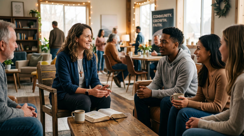 Group of people engaged in a discussion in a cozy, well-lit room with bookshelves and plants.