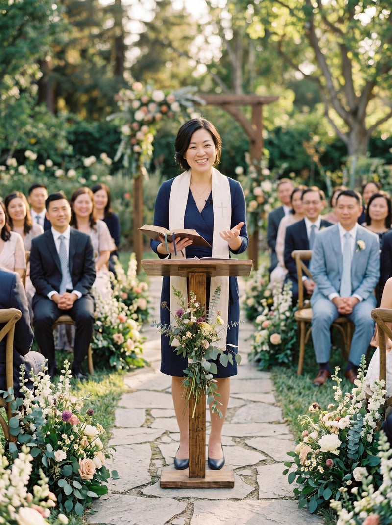 Woman standing at a podium during an outdoor wedding ceremony with floral decorations and guests.