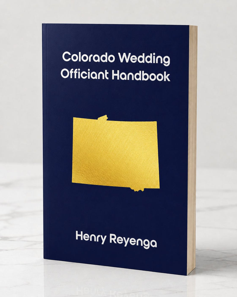 Book titled 'Colorado Wedding Officiant Handbook' by Henry Reyenga on a white background