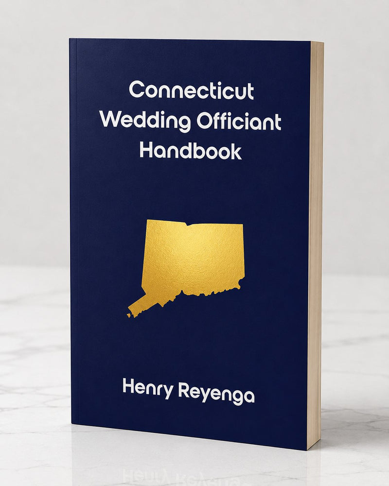 Book titled 'Connecticut Wedding Officiant Handbook' by Henry Reyenga on a white background