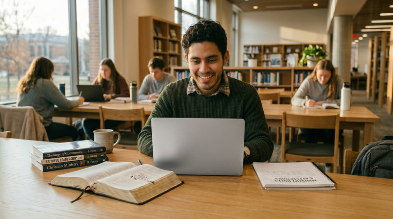 Man using a laptop in a library with books and a cup on the table