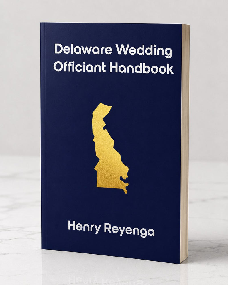 Book titled 'Delaware Wedding Officiant Handbook' by Henry Reyenga with a gold state outline on a blue background.