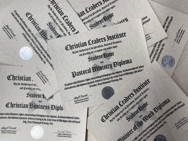 Several printed diploma certificates titled Christian Leaders Institute and Pastorial Ministry Diploma are scattered on a light background, with some showing silver foil seals.