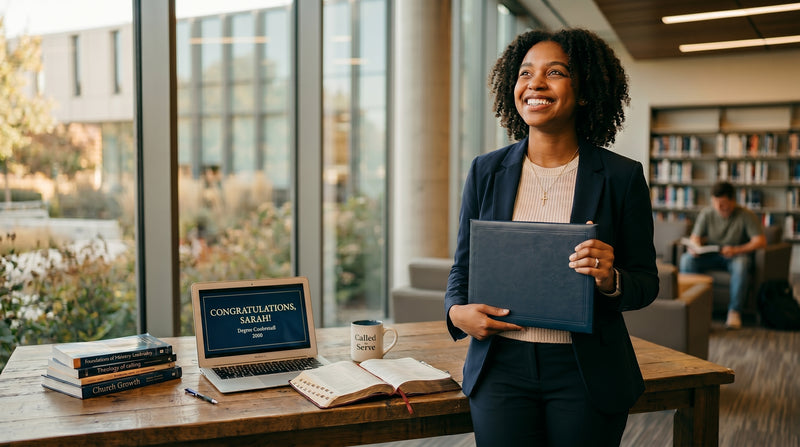 Smiling woman holding a diploma folder in a modern library or study space, standing beside a table with ministry books, an open Bible, and a laptop displaying a graduation congratulations message.