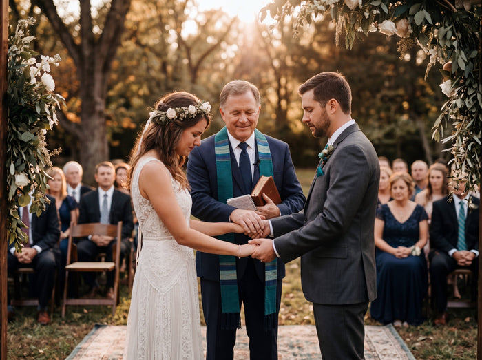 Outdoor Christian wedding ceremony at sunset with a bride and groom holding hands as an ordained minister leads the service beneath a floral arch, surrounded by family and guests in a peaceful garden setting.
