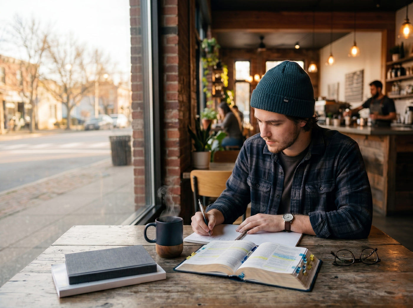 Man sitting at a table in a cafe, writing in a notebook.