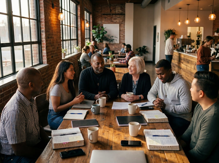 Diverse group of Christian adults gathered around a table in a warm coffee shop for Bible study and fellowship, sharing conversation, open Bibles, notebooks, and coffee in a welcoming community setting.