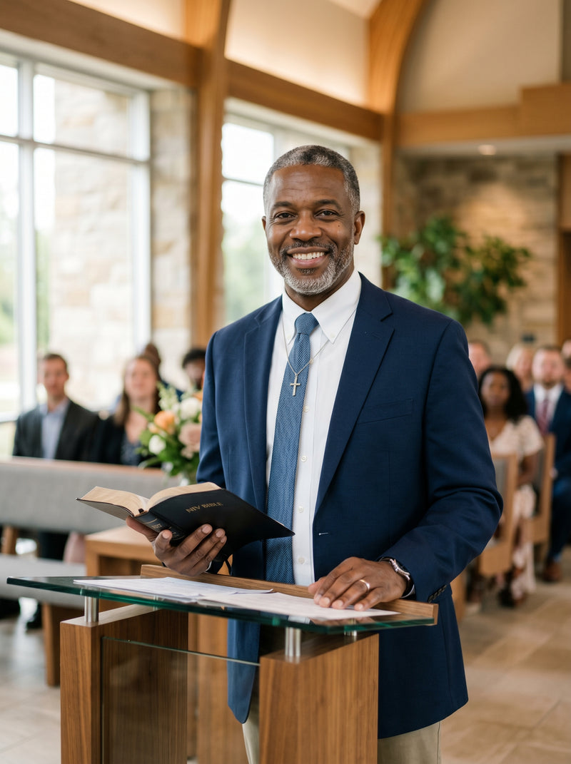 Man in a suit holding a book, standing in a church setting with people in the background.