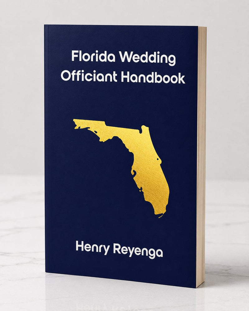 Book titled 'Florida Wedding Officiant Handbook' by Henry Reyenga with a gold outline of Florida on a blue background.