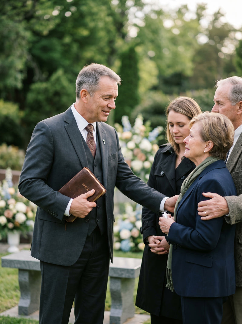 Man in a suit holding a book, standing with two women in a cemetery.