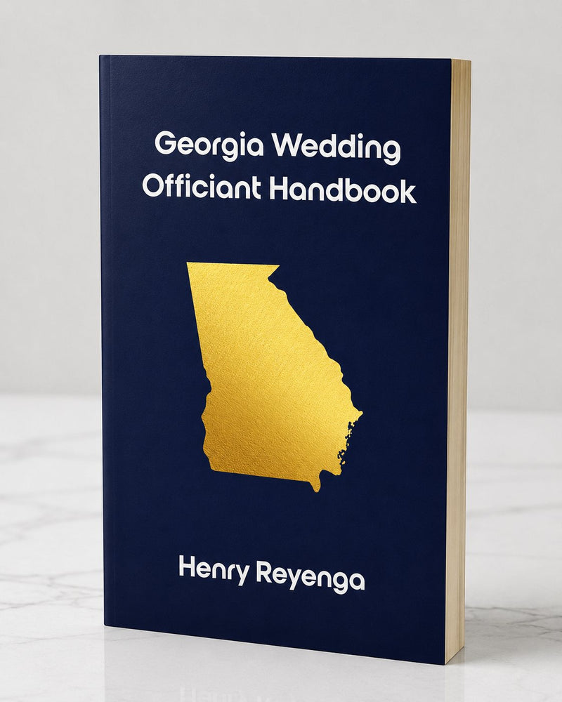 Book titled 'Georgia Wedding Officiant Handbook' by Henry Reyenga with a gold state outline on a blue background.