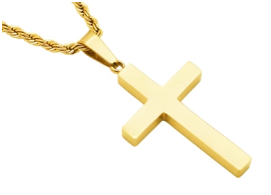 Gold-tone stainless steel cross pendant on a 24-inch rope chain