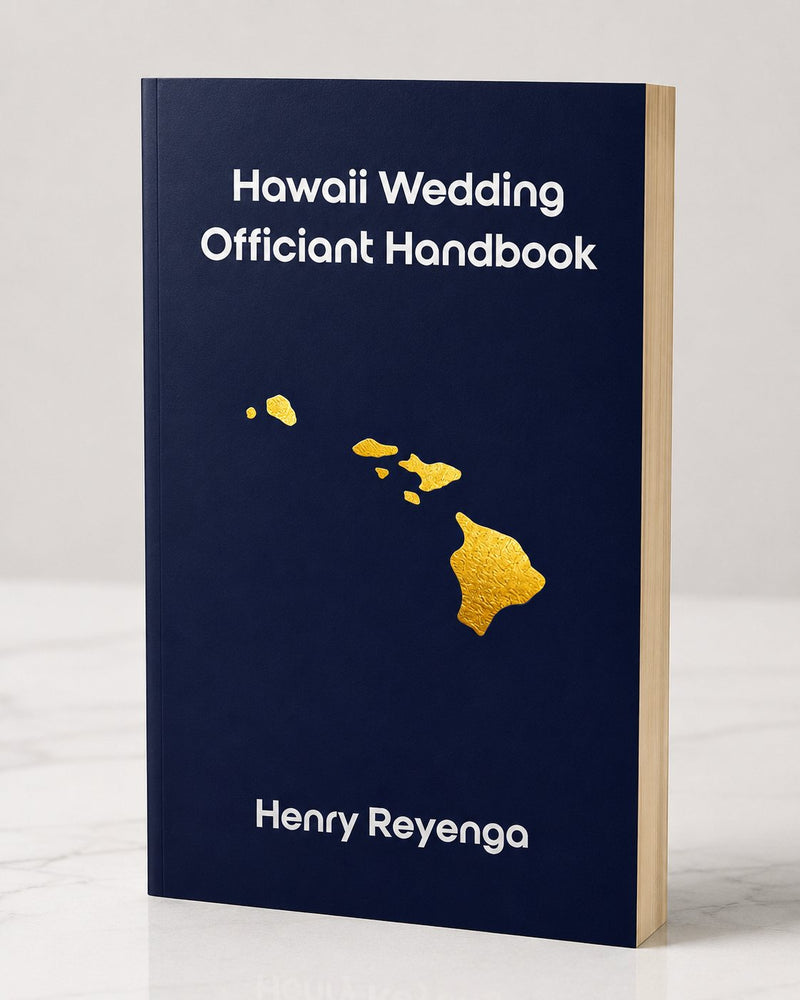 Book titled 'Hawaii Wedding Officiant Handbook' by Henry Reyenga with a gold map of Hawaii on a blue background.