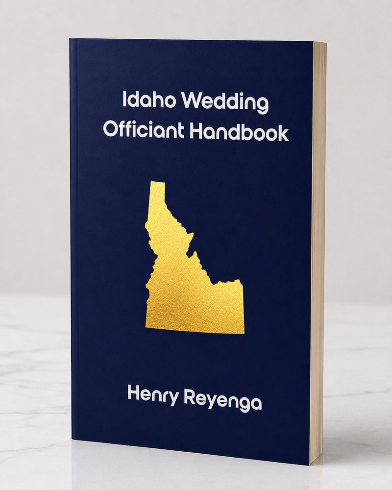 Book titled 'Idaho Wedding Officiant Handbook' by Henry Reyenga with a gold Idaho outline on a blue background.