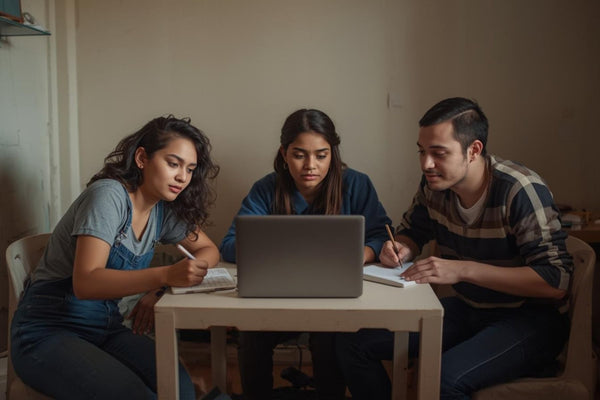Three people sitting around a table with a laptop, engaged in a discussion.