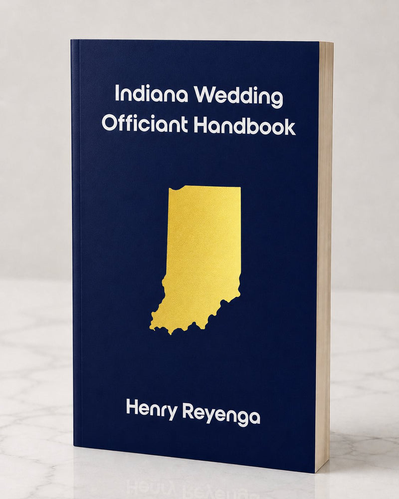 Book titled 'Indiana Wedding Officiant Handbook' by Henry Reyenga on a white background