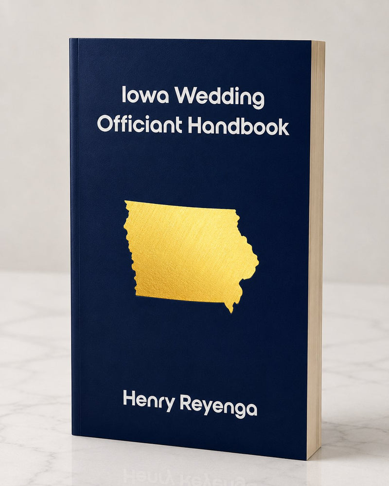 Book titled 'Iowa Wedding Officiant Handbook' by Henry Reyenga on a white background
