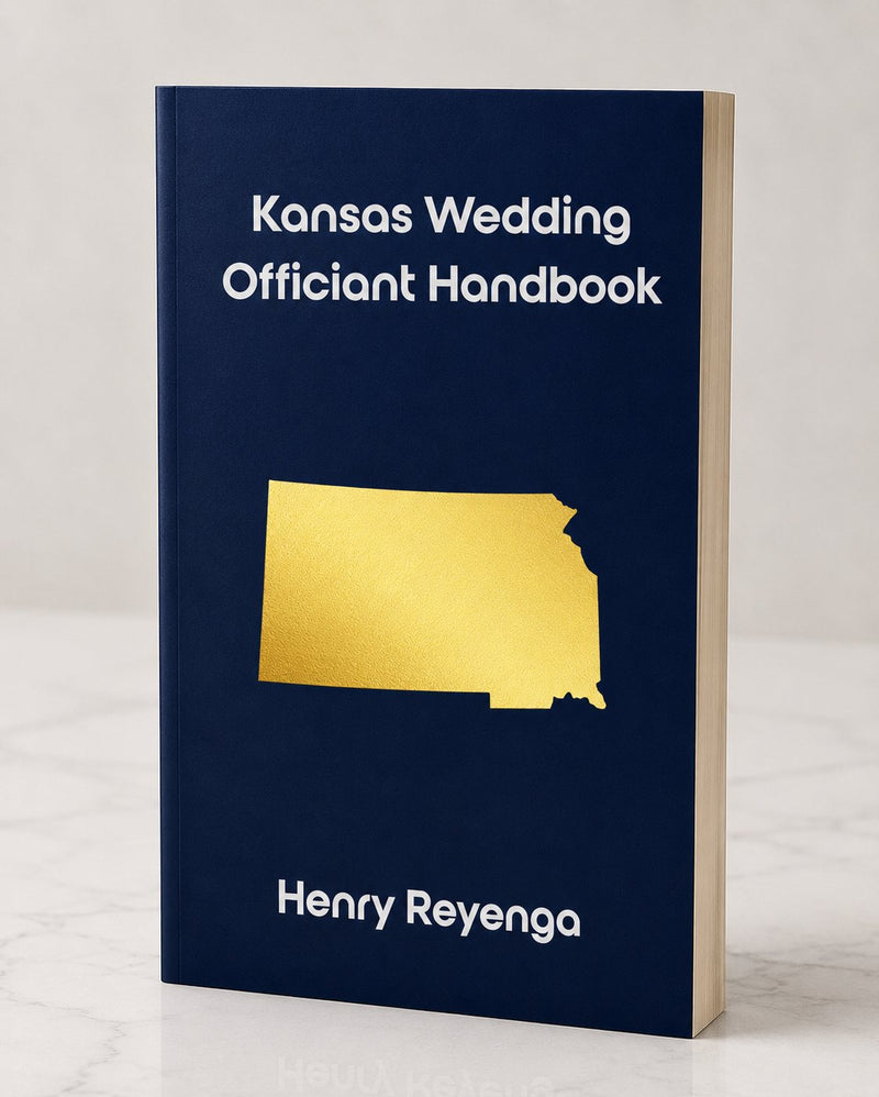 Book titled 'Kansas Wedding Officiant Handbook' by Henry Reyenga with a gold state outline on a blue background.