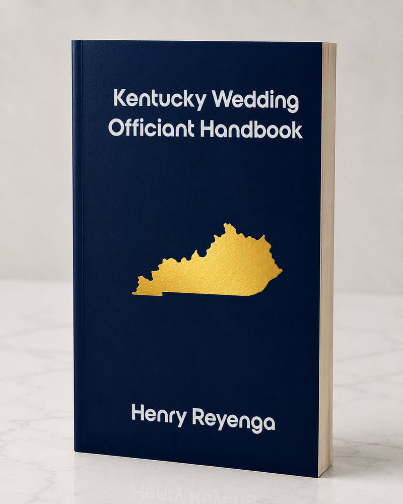 Book titled 'Kentucky Wedding Officiant Handbook' by Henry Reyenga with a gold state outline on a blue background.