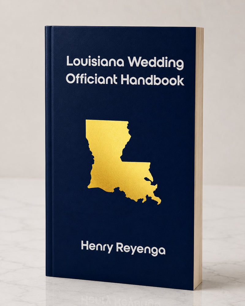 Book titled 'Louisiana Wedding Officiant Handbook' by Henry Reyenga on a light background