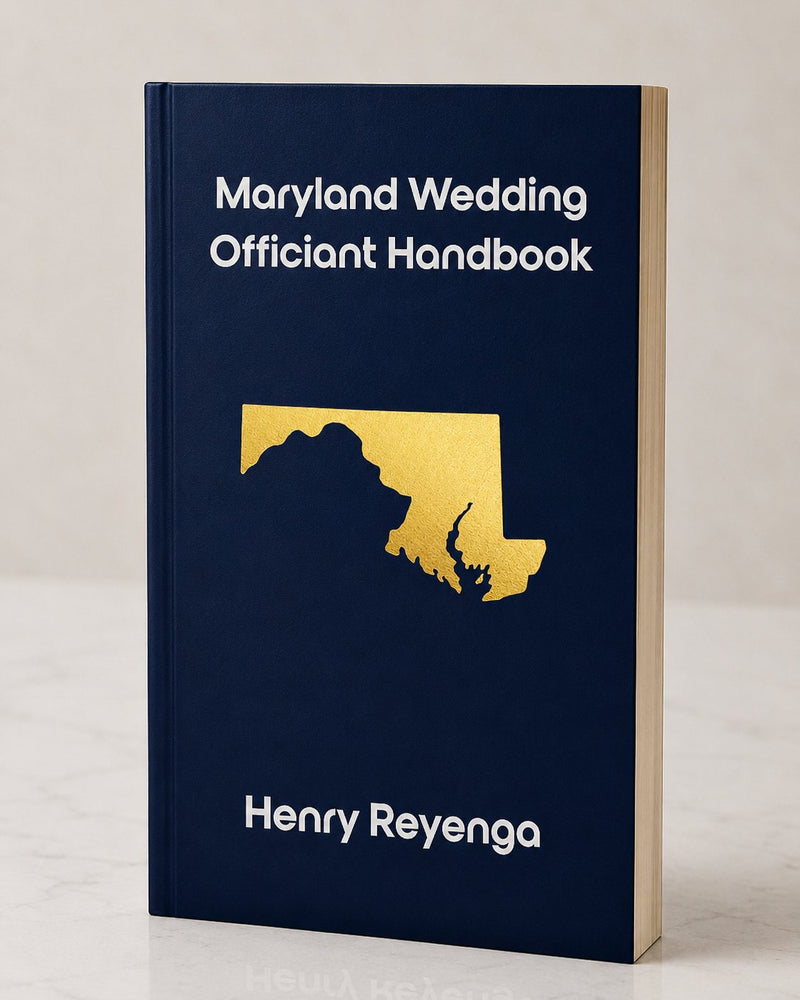 Book titled 'Maryland Wedding Officiant Handbook' by Henry Reyenga on a light background