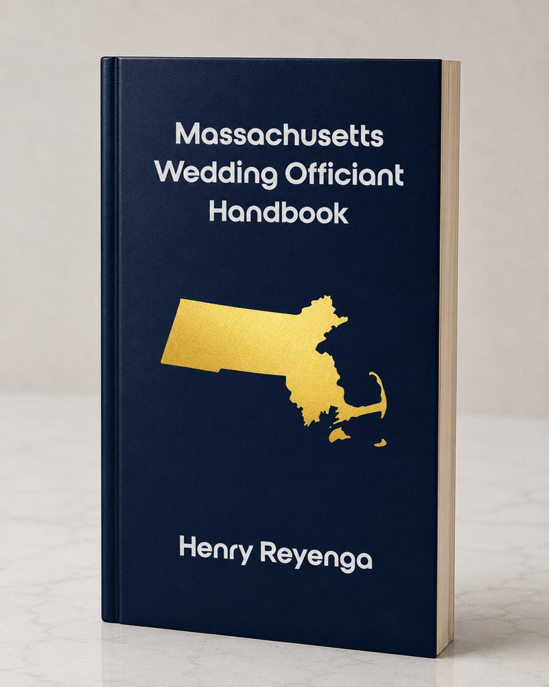 Book titled 'Massachusetts Wedding Officiant Handbook' by Henry Reyenga with a gold state outline on a blue background.