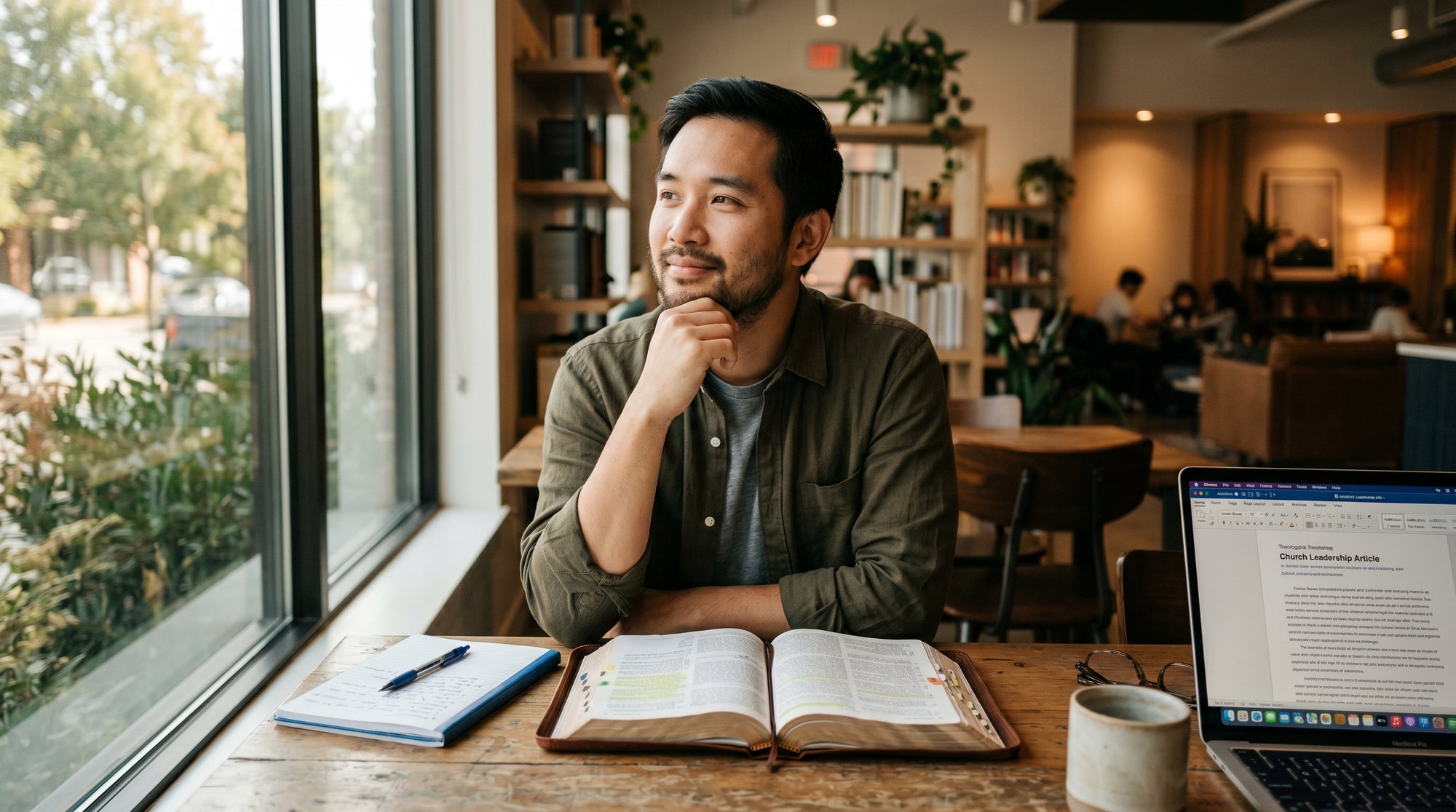 Man sitting at a table in a cafe with a laptop and notebook, looking out the window.