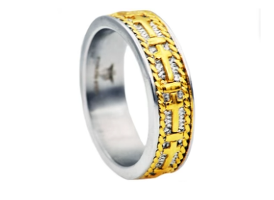 Men’s gold-tone stainless steel ring with engraved cross