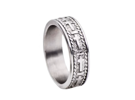 Men’s stainless steel cross band ring with engraved cross design