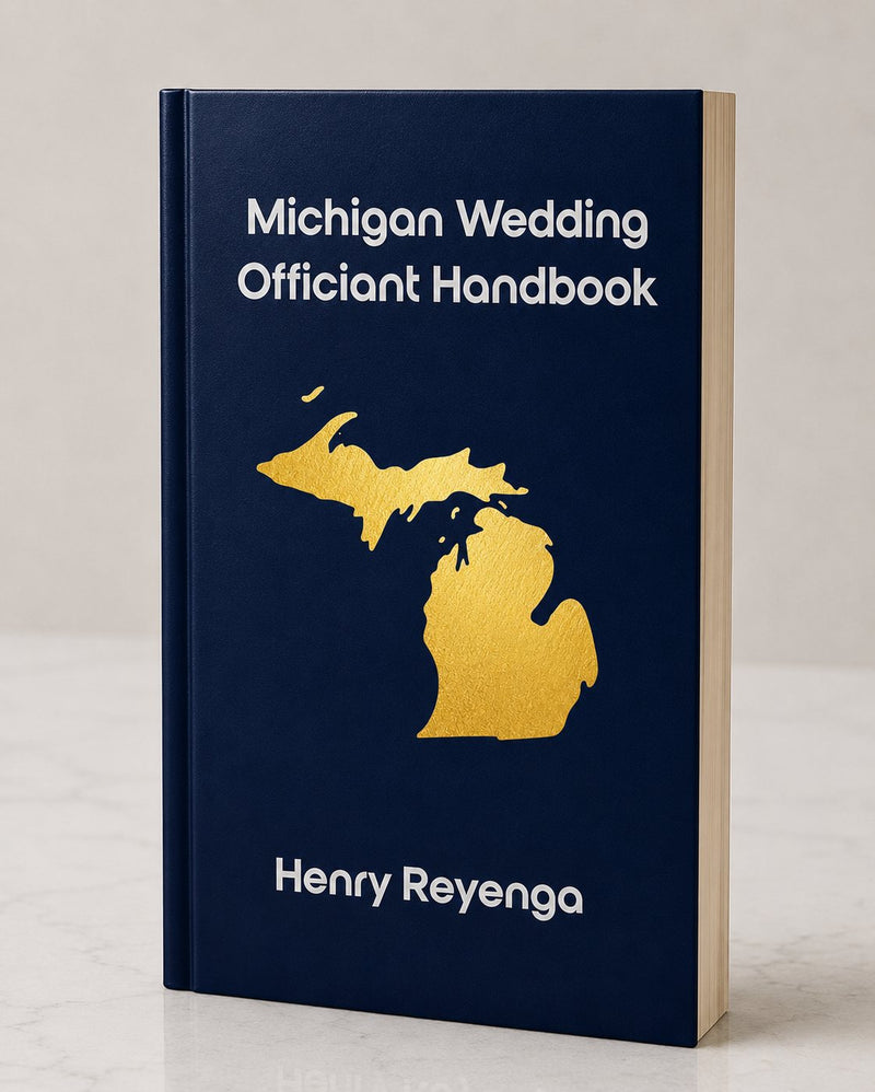 Book titled 'Michigan Wedding Officiant Handbook' by Henry Reyenga with a gold state outline on a blue background.