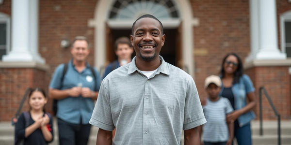 Smiling Christian minister standing outside a church with community members behind him