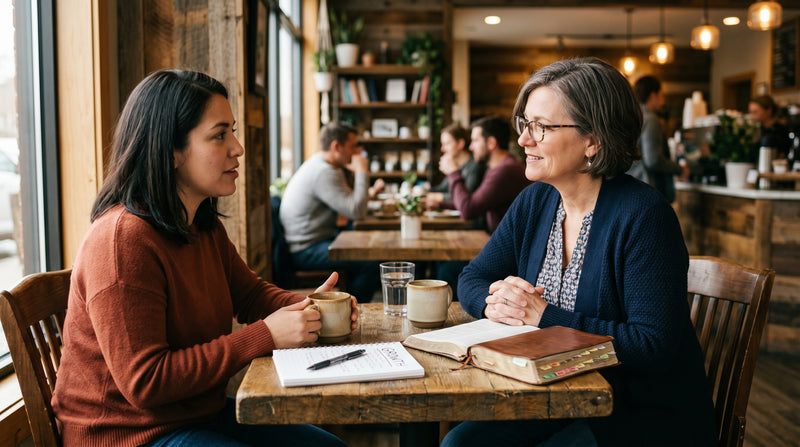 Two women sitting at a table in a cozy café, engaged in conversation.