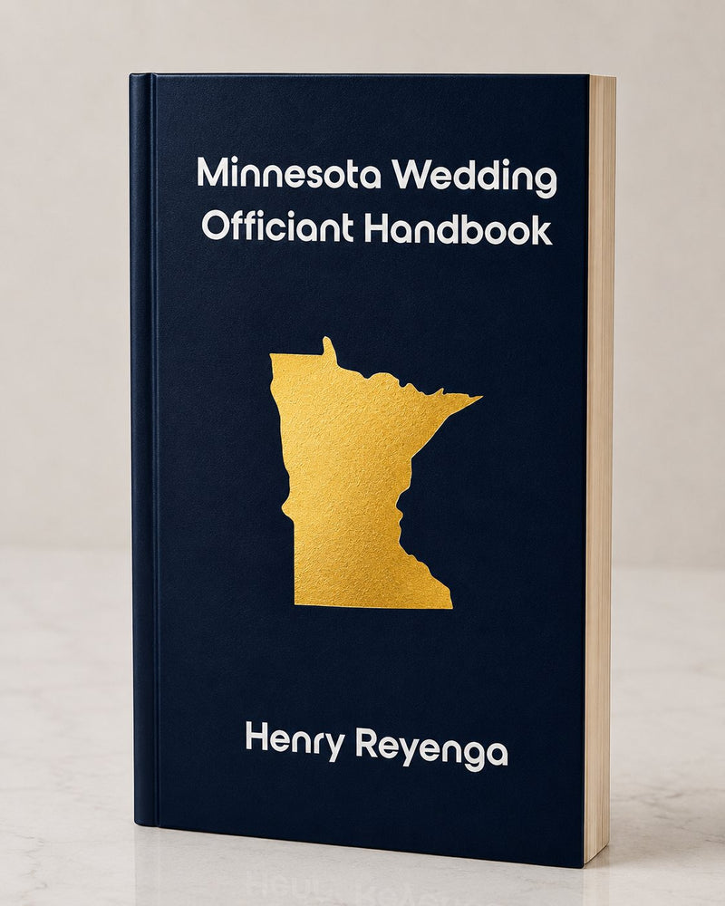 Book titled 'Minnesota Wedding Officiant Handbook' by Henry Reyenga with a gold state outline on a dark blue cover.