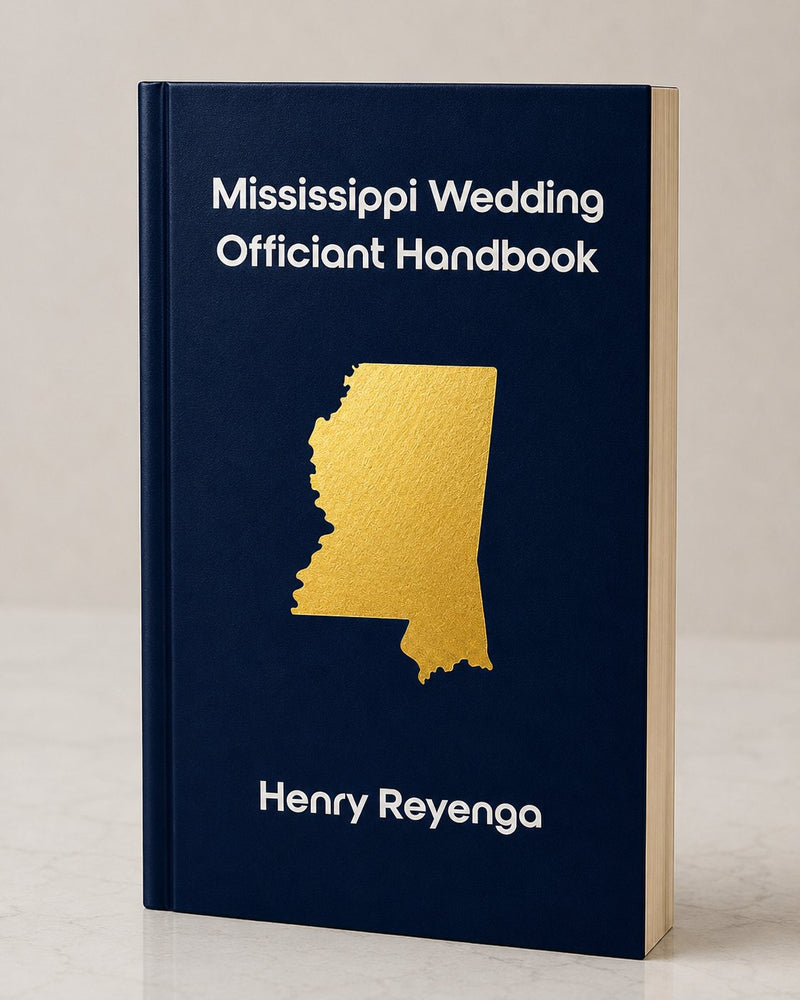 Book titled 'Mississippi Wedding Officiant Handbook' by Henry Reyenga with a gold state outline on a dark blue cover.