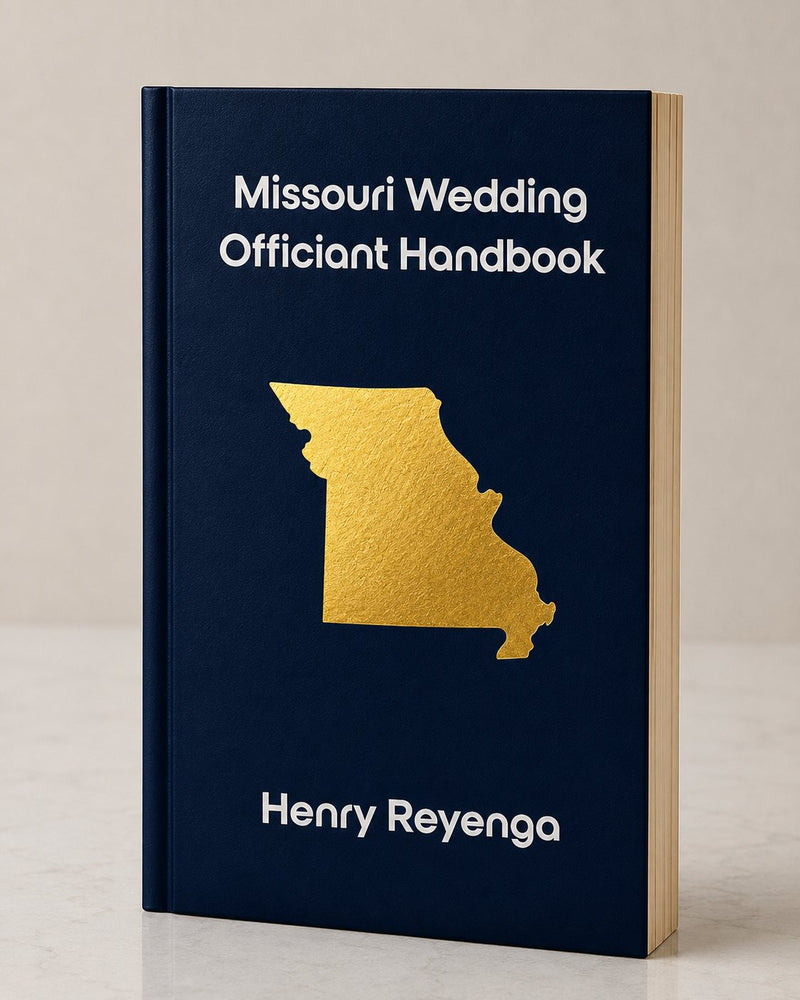Book titled 'Missouri Wedding Officiant Handbook' by Henry Reyenga with a gold state outline on a dark blue cover.