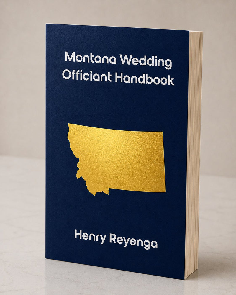 Book titled 'Montana Wedding Officiant Handbook' by Henry Reyenga with a gold state outline on a blue cover.