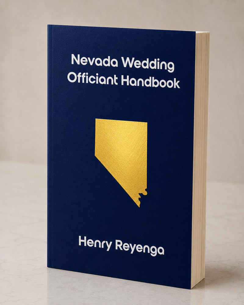 Book titled 'Nevada Wedding Officiant Handbook' by Henry Reyenga with a gold state outline on a blue background.