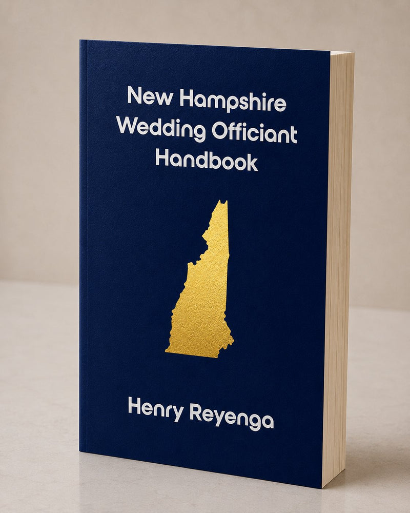 Book titled 'New Hampshire Wedding Officiant Handbook' by Henry Reyenga with a gold state outline on a blue background.