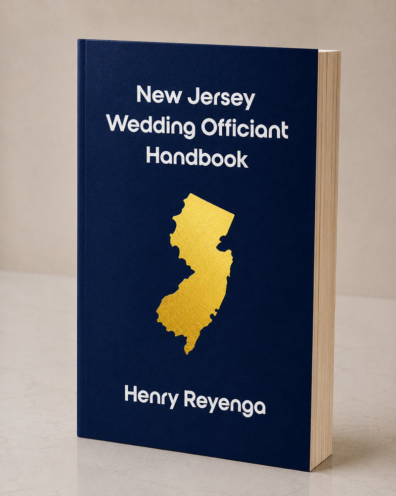 Book titled 'New Jersey Wedding Officiant Handbook' by Henry Reyenga with a blue cover and yellow state outline.