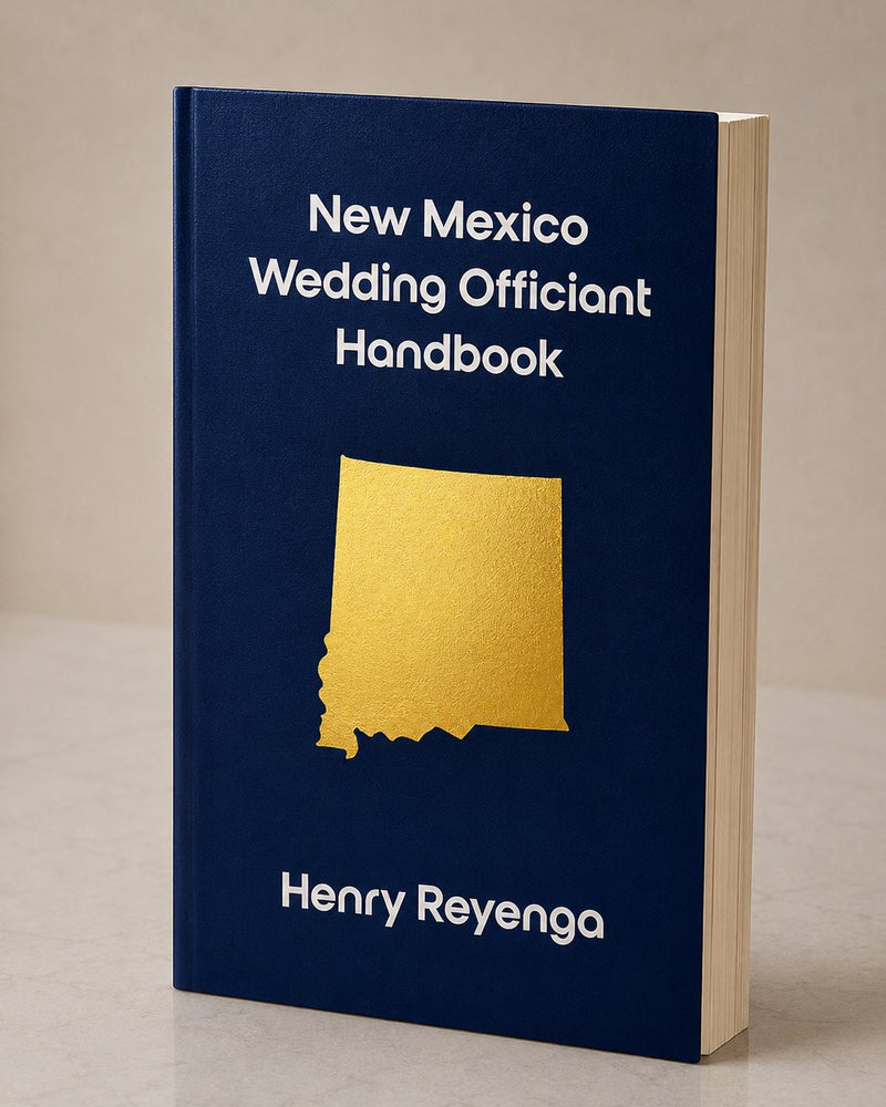 Book titled 'New Mexico Wedding Officiant Handbook' by Henry Reyenga with a gold state outline on a blue background.